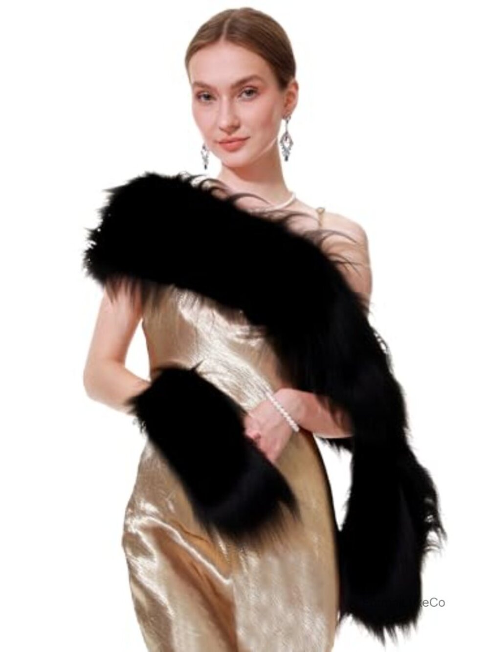 Fluffy Faux Fur Shawl Collar Scarf Wrap with Single Glove Winter Evening Bridal